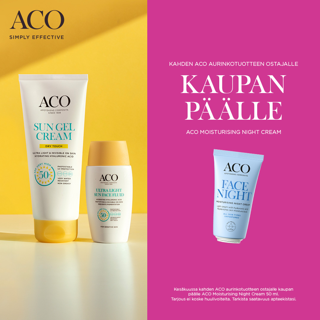 2 Aco Sun -tuotteen ostajalle yövoide kaupan päälle kesäkuun ajan Apteekki Espoonlahti