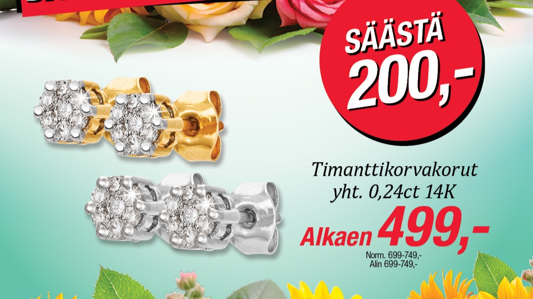 Timanttikorvakorut yht. 0,24 ct 14K alkaen 499,- Kultajousi